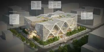 Representación arquitectónica de un proyecto de construcción moderno en España, con documentos regulatorios superpuestos, simbolizando las nuevas regulaciones urbanísticas de 2025.