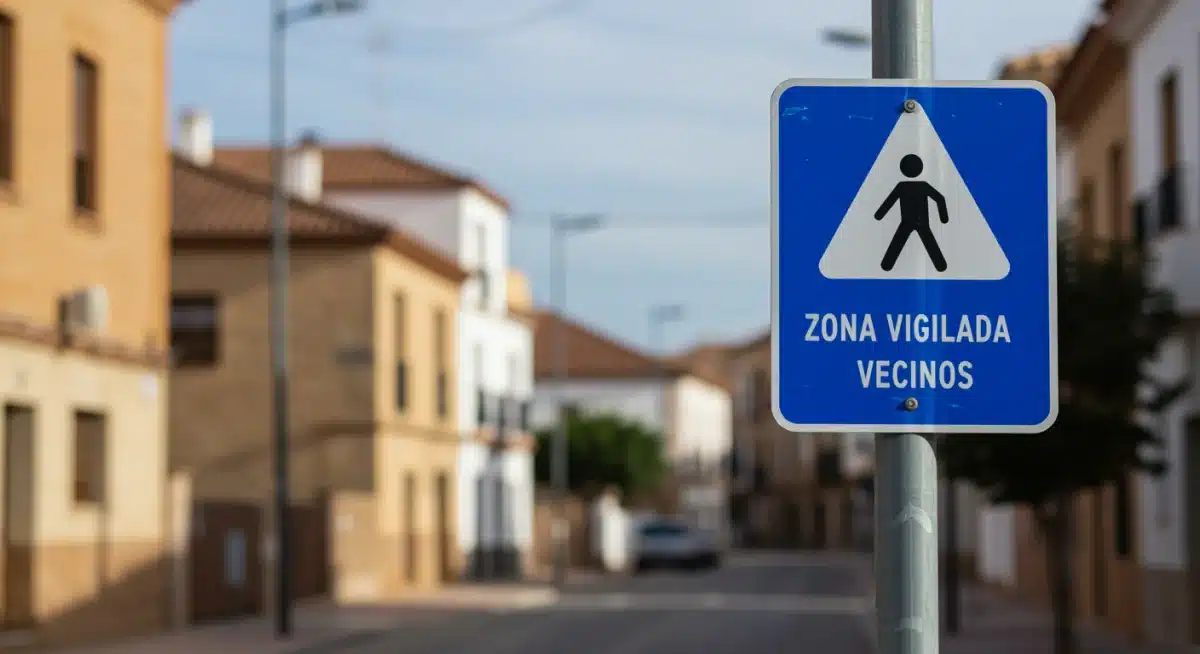 Señal de zona vigilada por vecinos en un barrio español.
