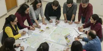 Vecinos españoles colaborando en programa de vigilancia comunitaria, discutiendo estrategias de seguridad.
