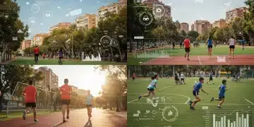 Deportistas de diversas edades interactuando en un parque urbano, con gráficos superpuestos que simbolizan el análisis de datos en la participación deportiva comunitaria en España.