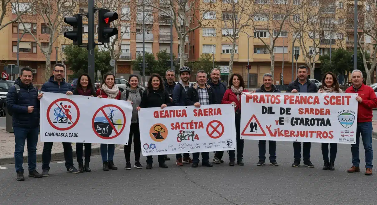 Campaña de concientización sobre seguridad vial con conductores, ciclistas y peatones en España