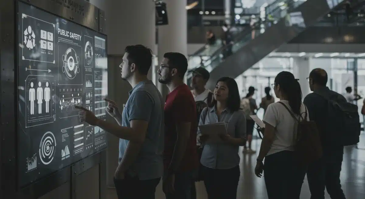 Ciudadanos interactuando con información digital sobre nuevas regulaciones de seguridad pública.