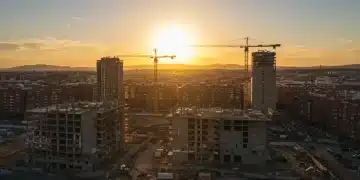 Inversión Inmobiliaria en España: Duplicá Capital en 5 Años con Suelo Urbano Panorama urbano moderno de una ciudad española al atardecer, con edificios en construcción, representando la revalorización del suelo urbano y la inversión inmobiliaria.