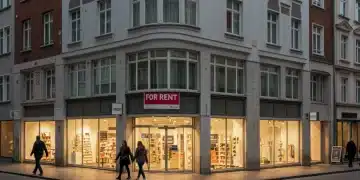 Inversión en locales comerciales: 6% de retorno anual en España 2025 Fachada moderna de un local comercial con cartel de 'Se Alquila' en una calle concurrida de España, simbolizando oportunidades de inversión inmobiliaria.