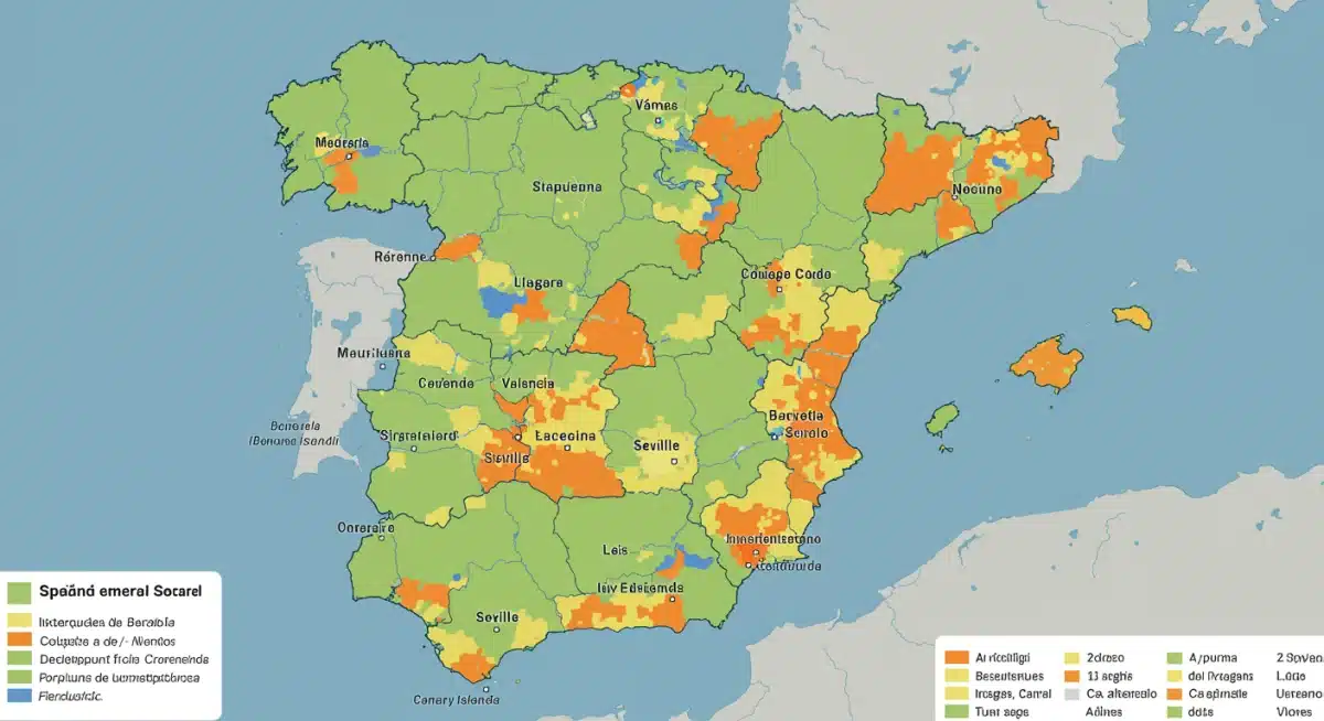 Mapa de España con zonas urbanas destacadas por su potencial de desarrollo inmobiliario y oportunidades de inversión en suelo.