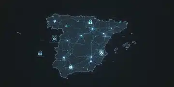 Mapa estilizado de España con redes de seguridad digital y símbolos de protección pública.