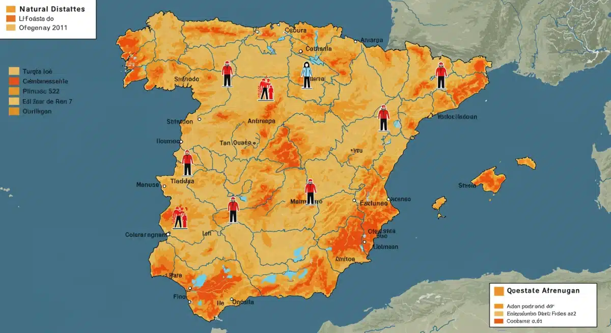 Mapa de España con zonas de riesgo de desastres naturales y símbolos de servicios de emergencia.