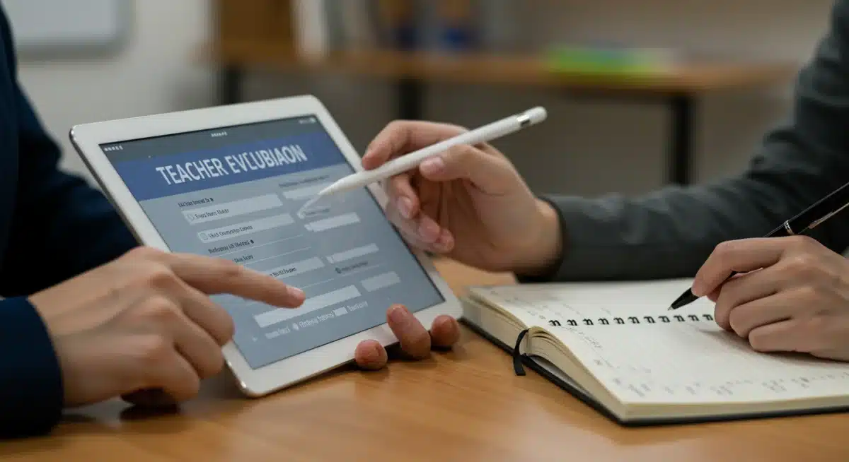 Manos interactuando con una tablet y un cuaderno, simbolizando la evaluación docente digital y cualitativa.