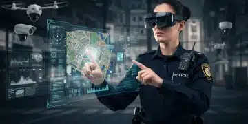 Oficial de policía español utilizando tecnología de inteligencia artificial para monitorear y responder a incidentes en una ciudad inteligente.