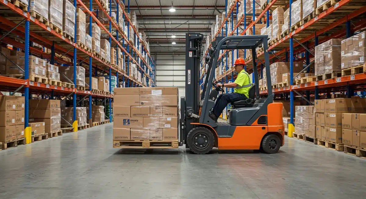 Operario manejando autoelevador en un depósito industrial moderno y espacioso, destacando la eficiencia logística y el almacenamiento.