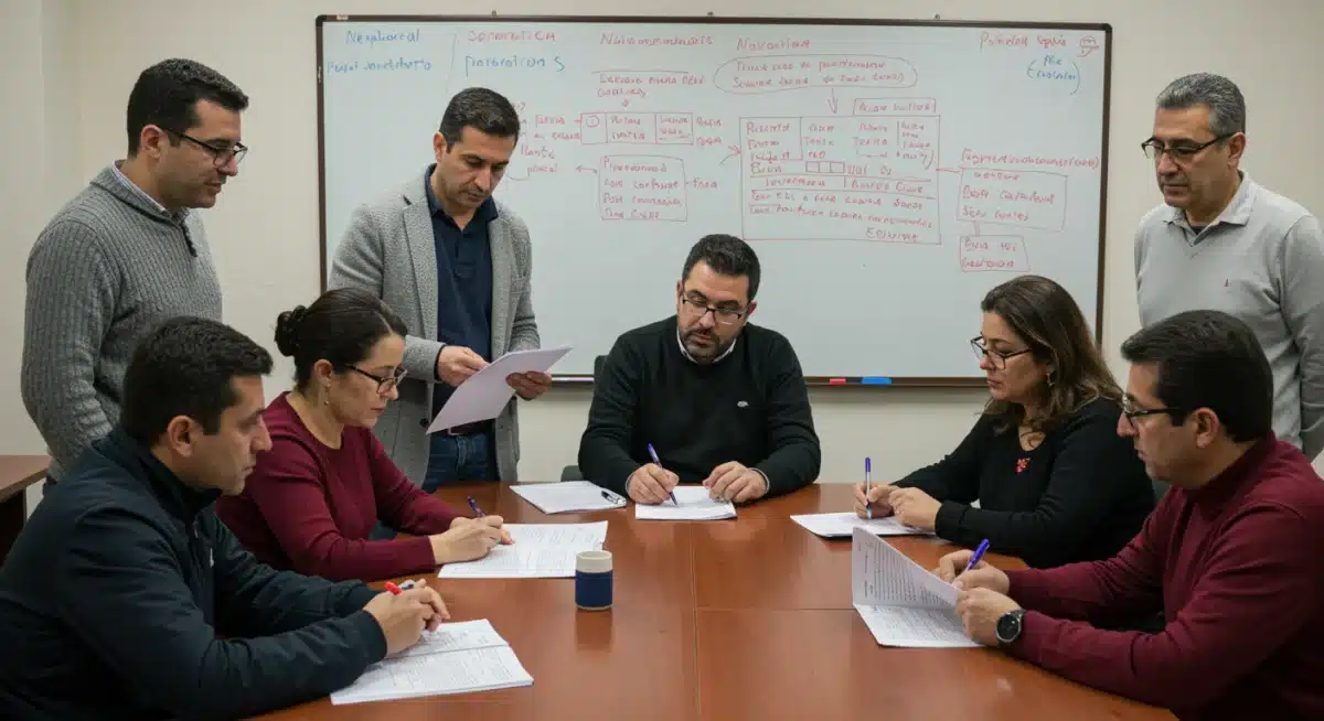 Educadores y padres españoles discutiendo nuevas medidas de seguridad escolar en una reunión.