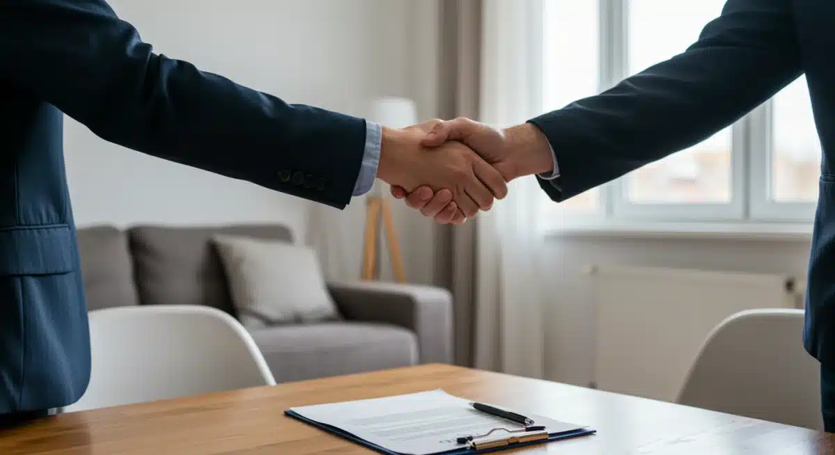 Propietario y inquilino cerrando un acuerdo de alquiler en un departamento moderno.