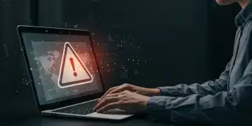 Persona preocupada frente a una pantalla de computadora con alerta de seguridad online.