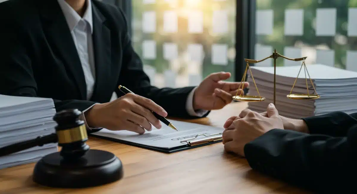 Abogado explicando cláusulas de un contrato de compraventa a un cliente en España.