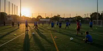 Jóvenes atletas entrenando en un campo deportivo al atardecer, representando el futuro del reclutamiento de talentos locales para 2026.