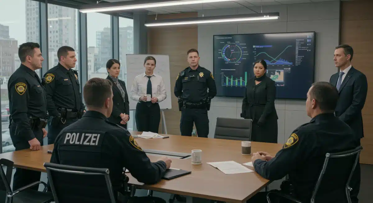 Grupo diverso de ciudadanos, policías y autoridades en una reunión colaborativa discutiendo estrategias de seguridad ciudadana.