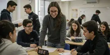 Estudiantes españoles sonrientes y colaborativos en un aula moderna, beneficiándose de nuevas políticas educativas en 2025.