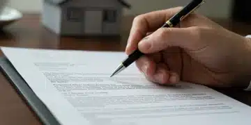 Mano firmando un contrato de compraventa inmobiliaria en España, con documentos y una pluma sobre la mesa.