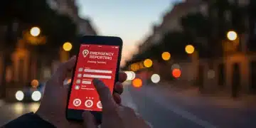 Persona usando un smartphone para reportar un incidente de seguridad pública en España.