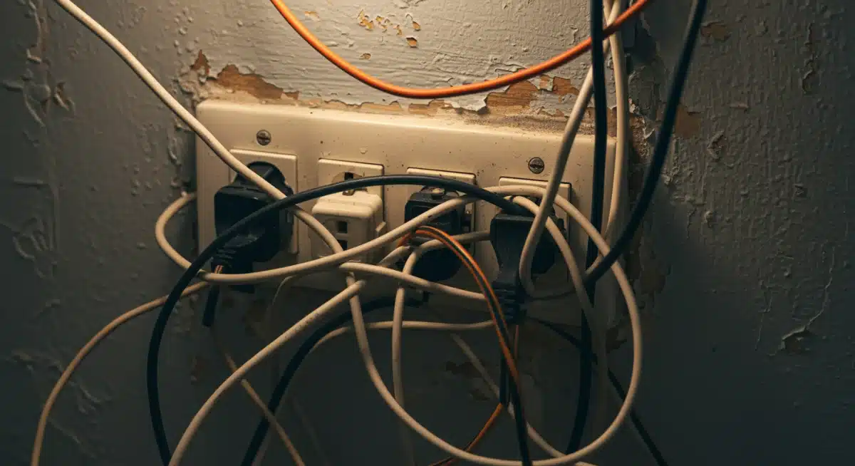 Enchufe eléctrico sobrecargado con múltiples adaptadores y cables enredados, mostrando un riesgo de incendio en el hogar.