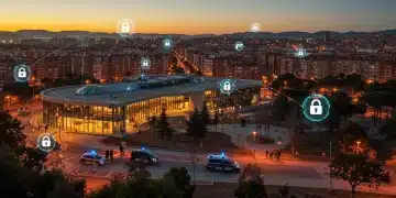 Panorama urbano de una ciudad española moderna al atardecer, con elementos digitales que representan la seguridad avanzada y la colaboración comunitaria.