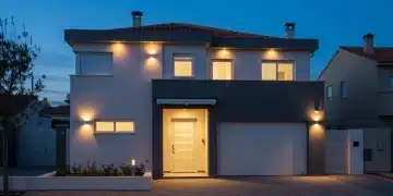 Casa moderna con sistema de seguridad inteligente y cámaras visibles al anochecer en un barrio residencial español.