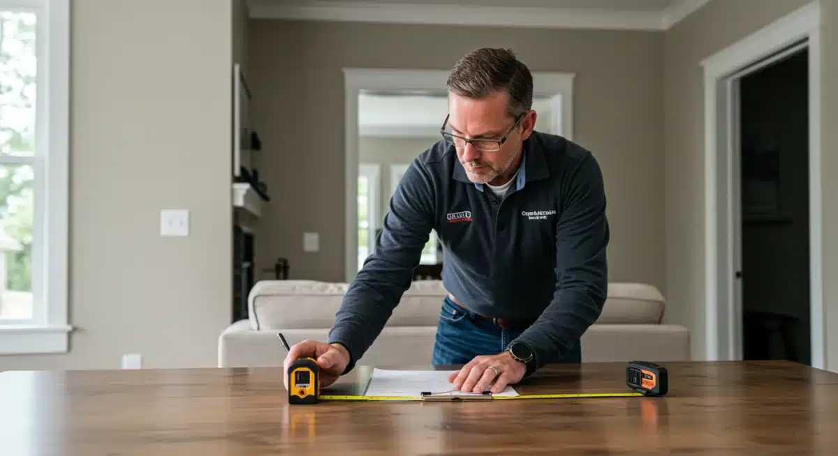 Tasador profesional evaluando cuidadosamente el interior de una propiedad en España, destacando la importancia de la precisión en la valoración.