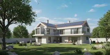 Propiedades sostenibles: Impacto del 20% en demanda española Moderna villa ecológica en España con paneles solares y jardín sostenible