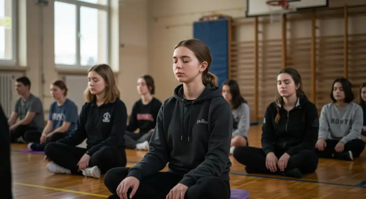 Adolescentes en una sesión de mindfulness en un gimnasio escolar, promoviendo la concentración y la calma.