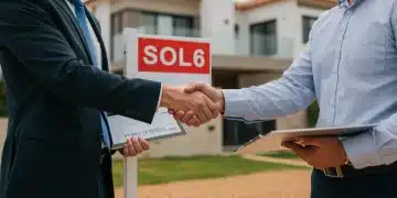 Agente inmobiliario y comprador sellando un trato exitoso por una propiedad en España en 2026.