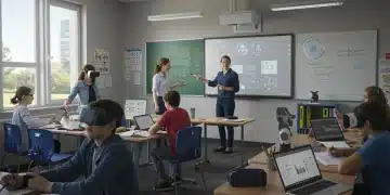 Aula moderna 2026 con estudiantes usando tecnología educativa para alto rendimiento