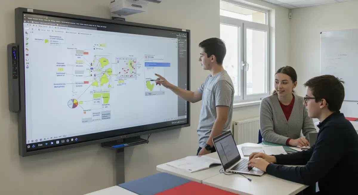 Estudiantes colaborando con pizarra digital interactiva en el aula moderna