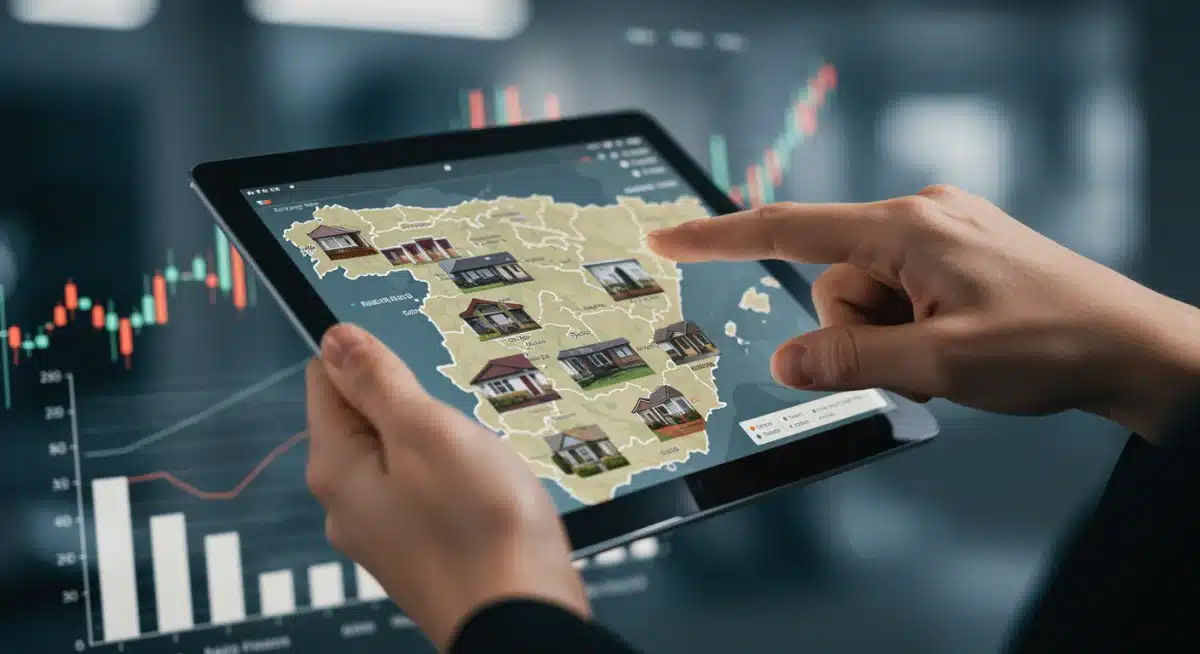 Mano analizando un mapa de España con propiedades y gráficos financieros, simbolizando diversificación geográfica.