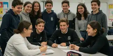 Estudiantes españoles sonriendo en un aula moderna, participando en una actividad de bienestar mental guiada por un docente.