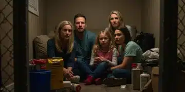 Familia resguardada en una habitación segura durante una emergencia, con suministros a mano, símbolo de preparación.