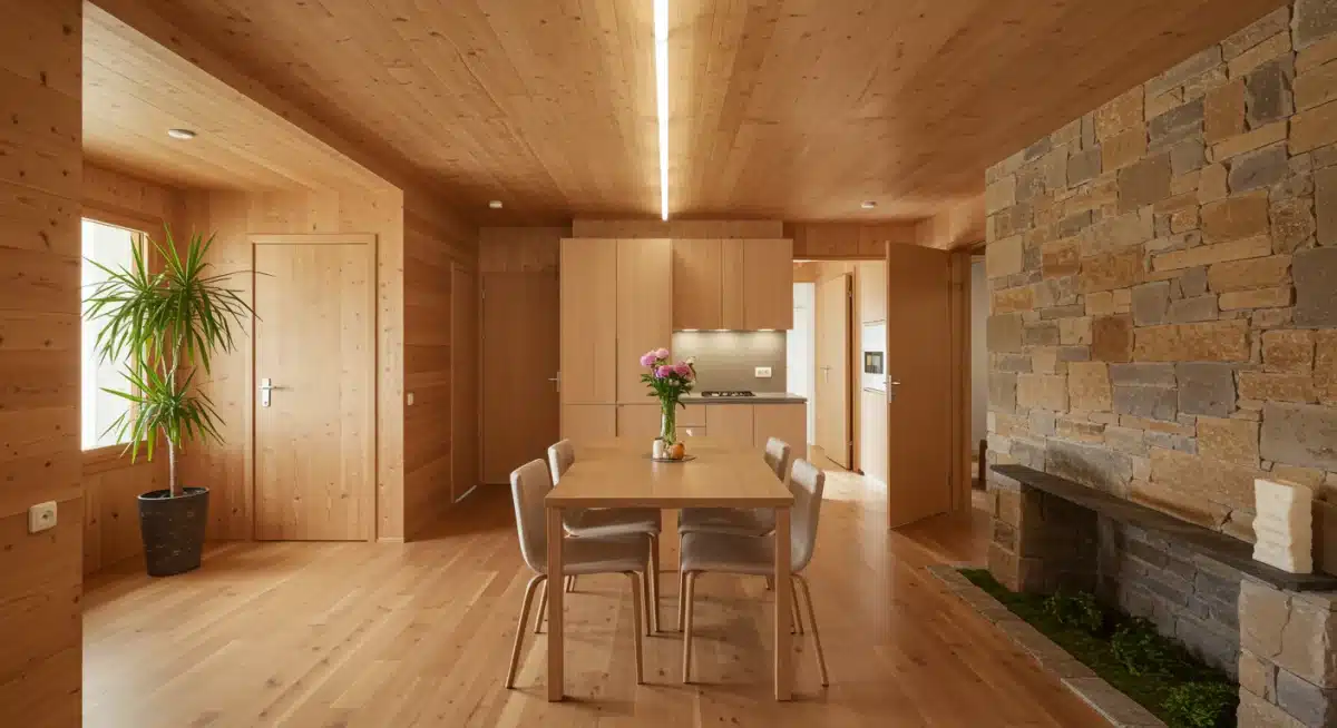 Interior de una vivienda sostenible en España, con luz natural y materiales ecológicos.
