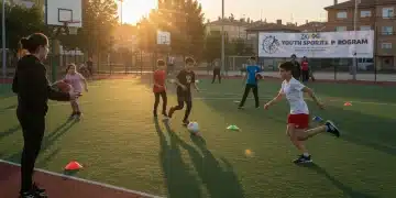 Jóvenes atletas participando activamente en un programa deportivo local en España, mostrando energía y entusiasmo.