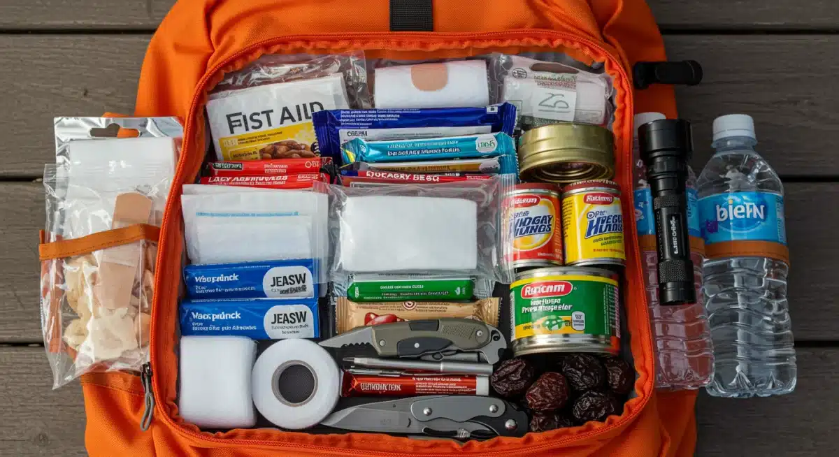 Kit de emergencia completo con elementos esenciales como botiquín, alimentos no perecederos y agua, listo para cualquier situación.