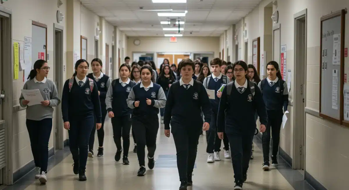 Estudiantes y docentes participando en un simulacro de emergencia escolar, practicando evacuación ordenada.