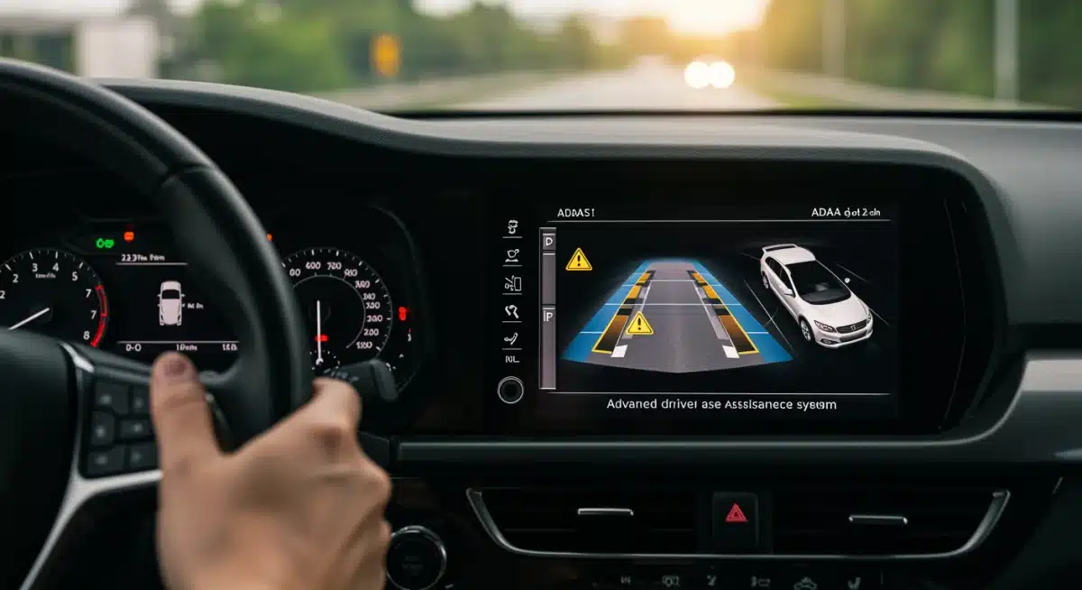 Tablero de auto con sistemas avanzados de asistencia al conductor (ADAS) mostrando alertas, destacando la tecnología en seguridad vial.