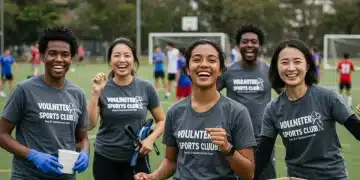Grupo de voluntarios entusiastas colaborando en un evento deportivo local, mostrando compromiso y alegría.
