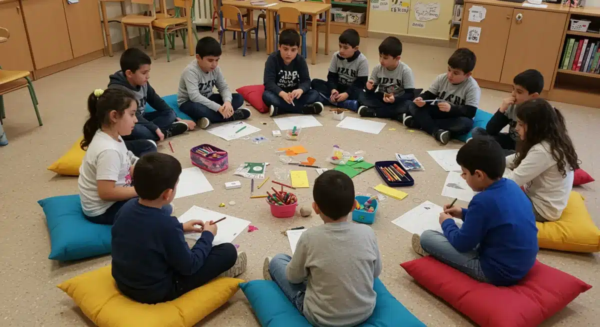 Niños en una escuela primaria española participando en un proyecto de aprendizaje colaborativo y experiencial.