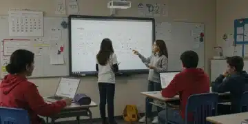 Aula moderna y dinámica con estudiantes y docente, simbolizando el calendario escolar 2026 y la planificación educativa.