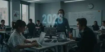 Aula moderna con estudiantes y profesor interactuando con herramientas digitales, simbolizando la evaluación educativa 2026.