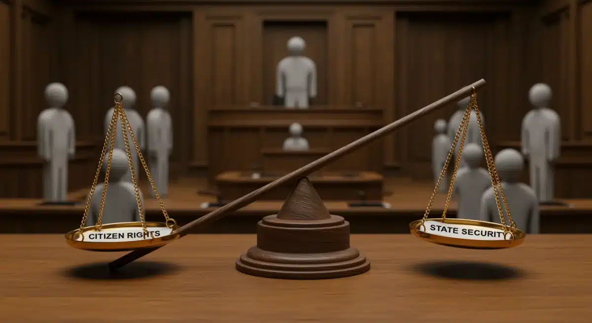 Balanzas de la justicia equilibrando derechos ciudadanos y seguridad estatal.