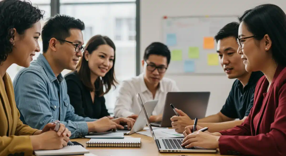 Grupo de docentes colaborando en un proyecto educativo, fomentando el liderazgo y el trabajo en equipo.