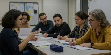 Educadores españoles participando activamente en un taller de desarrollo profesional, colaborando y usando tecnología educativa.