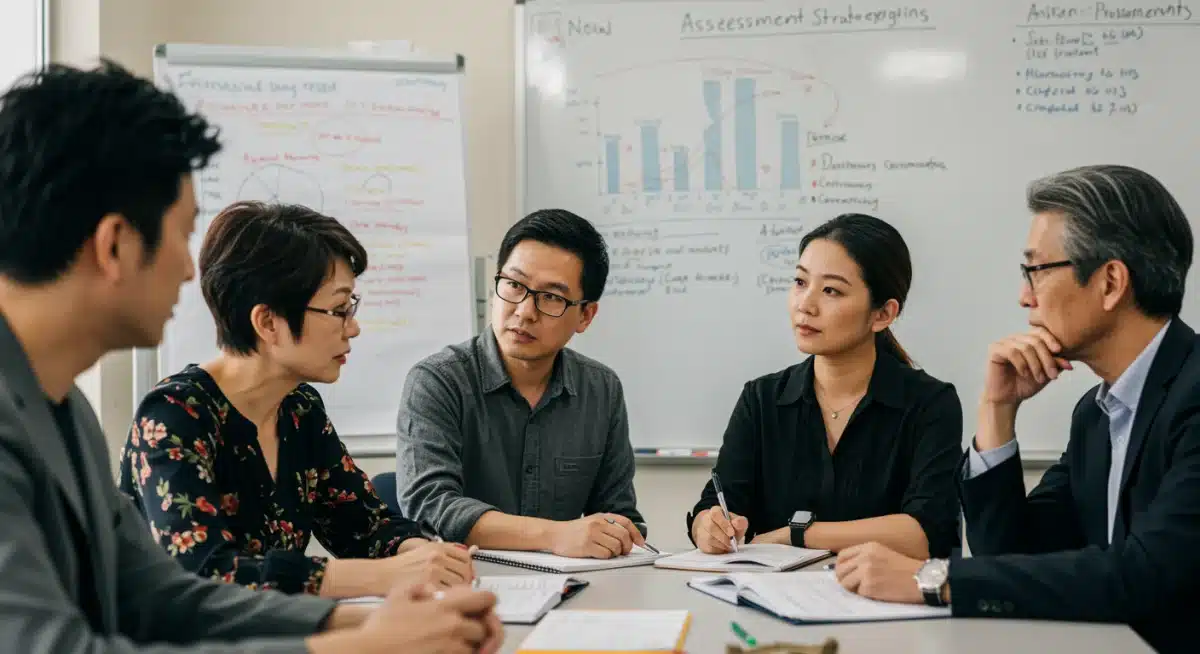 Educadores discutiendo nuevas estrategias de evaluación en un taller de desarrollo profesional.