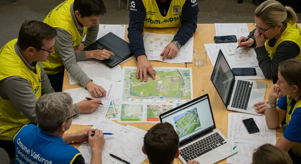 Equipo de organizadores y voluntarios revisando planos y estrategias para un evento deportivo comunitario exitoso.