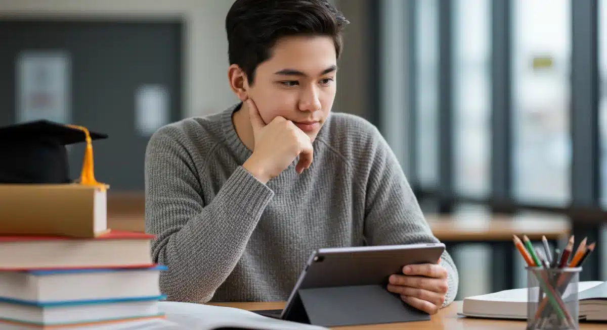 Estudiante concentrado en el aprendizaje personalizado y la evaluación por competencias utilizando una tablet.